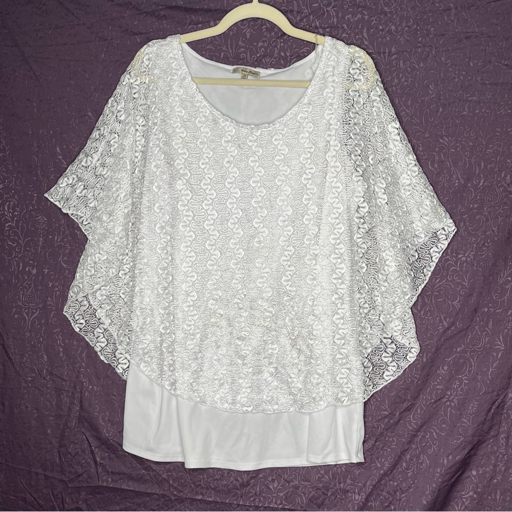 Ultra Teeze Solid White Layered Top with Delicate Lace Overlay - Size 2X